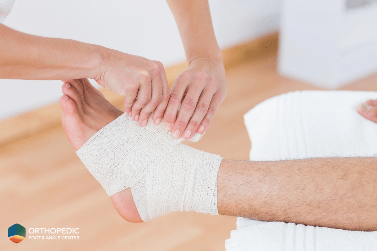 A man’s ankle being bandaged after ankle fusion in Ohio.